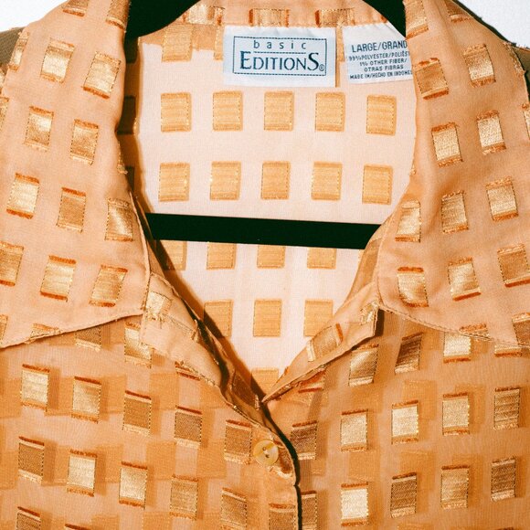 Vintage 90s Basic Edition Sheer Gold Long-Sleeve Blouse w/ Textured Squares - Picture 6 of 6